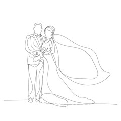 isolated, bride and groom drawing in one continuous line