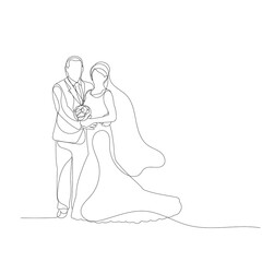 isolated, bride and groom drawing in one continuous line