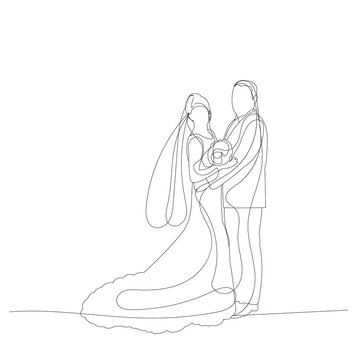 isolated, bride and groom drawing in one continuous line