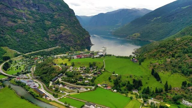 Aurlandsfjord Town Of Flam at dawn.
