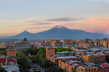 Yerevan at the sunrise with the two peaks of the Mt Ararat, Armenia