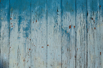 Aged Natural Old Blue Color Obsolete Wooden Board Background. Grungy Vintage Wooden Surface. Painted Obsolete Weathered Texture Of Fence.