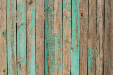 Aged Natural Old Green Color Obsolete Wooden Board Background. Grungy Vintage Wooden Surface. Painted Obsolete Weathered Texture Of Fence.