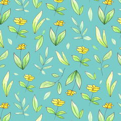 Seamless floral pattern with different leaves in bright green and yellow colors. High resolution quality.