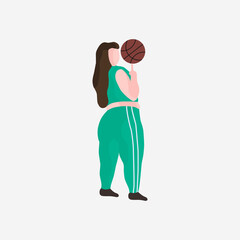 Vector illustration of an overweight woman with a ball on a white background in a flat style.Women s basketball. Happy body positive concept.