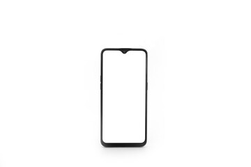 Black smartphone with open blank screen isolated on white background.