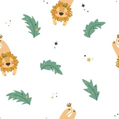 Seamless pattern with cute character lion and leaf. Cute vector illustration for kids - lion. Ideal print for fabrics, textiles and gift wrapping Baby Shower