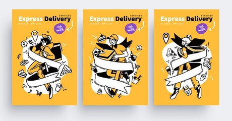 Collection of delivery service, fast food, food delivery, courier service poster or banner designs. Flat cartoon colorful vector