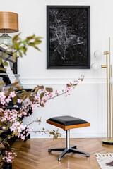Modern composition of home interior with stylish black piano, design cabinet, spring flowers, lamp, decoration, mock up poster map and elegant personal accessories in stylish home decor.