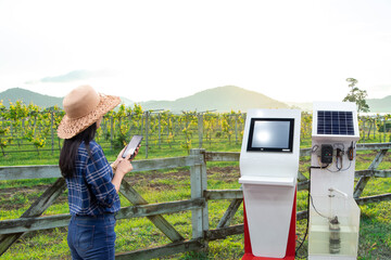 Agriculture technology, Female farmers use mobile phones to control remote water distribution...