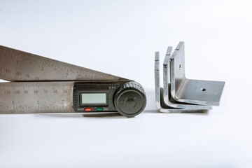 Sheet metal bending tool and equipment isolated on a white. Bend tools, press brake punch and die....