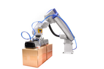 Industry robotic lifting carton for transporting isolate on white background with clipping path