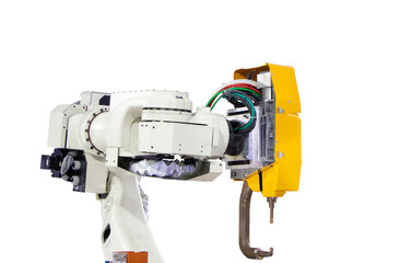 Heavy automation robot arm machine in smart factory industrial on white background