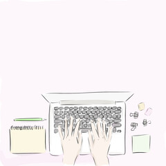 Woman working on laptop sketch illustration
