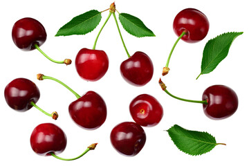 cherry with green leaf isolated on white background. Top view