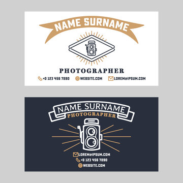 Photographer logo in retro hipster style and business card template. illustration.