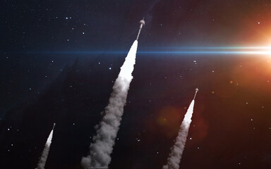 Three rockets in space. Science 3D illustration of space. Elements furnished by Nasa