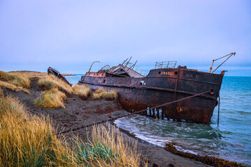 San Grigorio, Chile - March 10, 2020: Abandoned and Rusted Ruins of the Big Ship