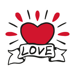 Beautiful red heart and ribbon with the word Love. Colored outline silhouette. Hand drawn vector flat graphic illustration. Isolated object on a white background. Isolate.