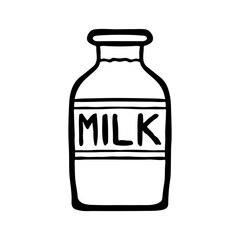 Milk icon. Black cartoon silhouette. Ink bottle. Vertical view. Hand drawn vector flat graphic illustration. Isolated object on a white background. Isolate.