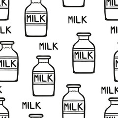 Black milk bottles isolated on white background. Cute monochrome seamless pattern. Hand drawn vector flat graphic illustration. Texture.