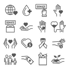 Donation, charitable work, philanthropy, lovingkindness, volunteering line icons set isolated on white.