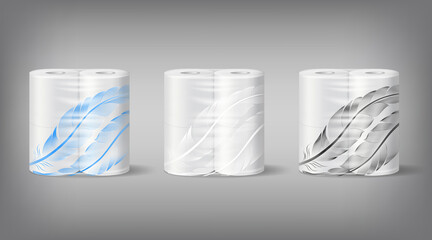 White toilet paper in plastic transparent packaging with decorated with a pattern of feathers, template.