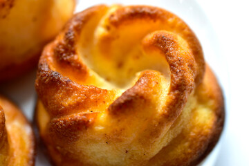 Delicious and beautiful curd rolls on a white plate with sprinkles