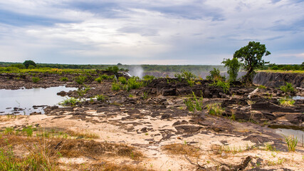 It's Landscape of the Zambezi river and Livingstone Island, named after the Scottish explorer David...