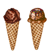 Watercolor chocolate ice cream cones isolated on white background. Hand drawn different  ice scoops in a waffle cone.