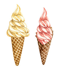 Watercolor colorful ice cream cones isolated on white background. Hand drawn set of vanilla and strawberryor raspberry ice creams in a waffle cone