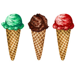 Watercolor colorful ice cream cones isolated on white background. Hand drawn set of different  flavor ice creams in a waffle cone. Green, red, chocolate scoops