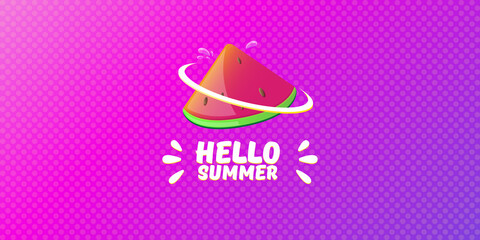 Vector Hello Summer Beach Party horizontal banner Design template with fresh watermelon slice isolated on violet background. Hello summer concept label or poster with fruit and typographic text.