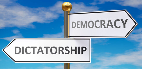 Dictatorship and democracy as different choices in life - pictured as words Dictatorship, democracy on road signs pointing at opposite ways to show that these are alternative options., 3d illustration