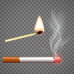 Smoldering cigarette and a burning match. Vector illustration