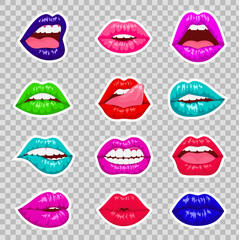 Pop art woman lips set. Sexy mouth. Fashion design, comic book style. Female glossy colored lips that kiss and show emotions