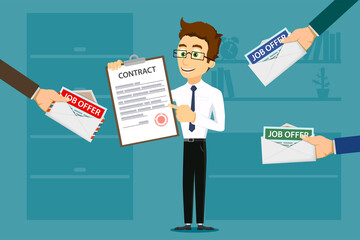 Man holds a contract. Envelope with a job offer.