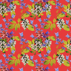 Bell flowers and elder plant, seamless pattern.