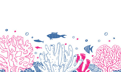 Seabed with corals and fishes. Hand drawn outline colorful vector sketch illustration