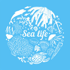 Round composition with sea animals and corals. Hand drawn vector sketch illustration