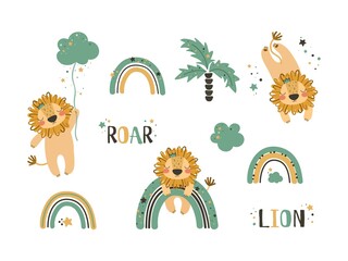 Set of cute lion clip art. Use this clipart to create baby shower invites, nursery art, birthday decor, greeting cards, children's clothing. Vector illustration.