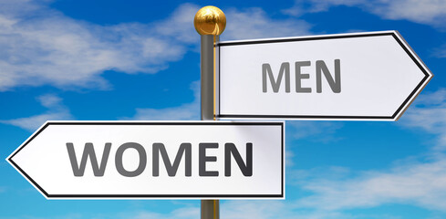 Women and men as different choices in life - pictured as words Women, men on road signs pointing at opposite ways to show that these are alternative options., 3d illustration