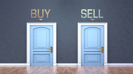 Naklejka na ściany i meble Buy and sell as a choice - pictured as words Buy, sell on doors to show that Buy and sell are opposite options while making decision, 3d illustration