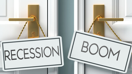 Recession and boom as a choice - pictured as words Recession, boom on doors to show that Recession and boom are opposite options while making decision, 3d illustration © GoodIdeas