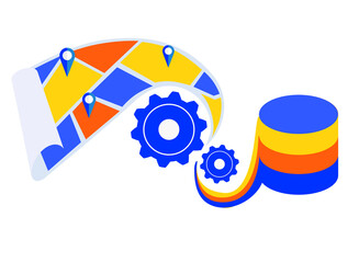 Analytics, processing, AI, ML and data science in GIS. Spatial data, geospatial data, geographic coordinate system. Vector concept illustration.