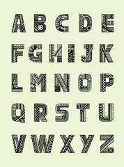 Hand-drawn ornamental alphabet with geometric pattern. Vector set with uppercase patterned letters.