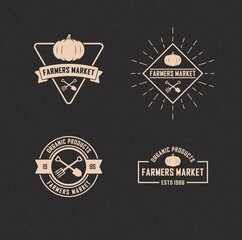 Set of color illustrations pumpkin, crossed pitchfork and shovel, ribbon with text and rays on a background with grunge texture. Vector illustration advertising farm products. Farmers market logo.