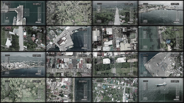 Multi screens, show us the top view of a small Asian city. CIA and cctv concept