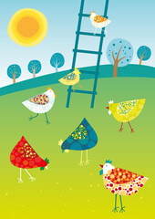 Vector illustration of colored happy hens. - 358543654