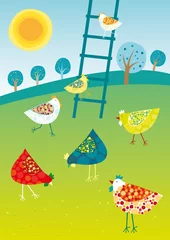 Fototapeten Vector illustration of colored happy hens. © myosotisrock